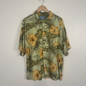 Bermuda Bay XL Hibiscus Palm Floral Silk Hawaiian Tropical Button Up Shirt Green